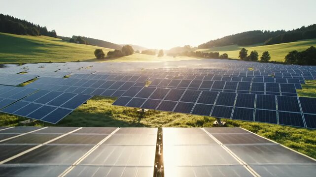 Solar panel field at sunrise, golden sunbeams shining through rows of photovoltaic modules in a grassy meadow, renewable energy concept