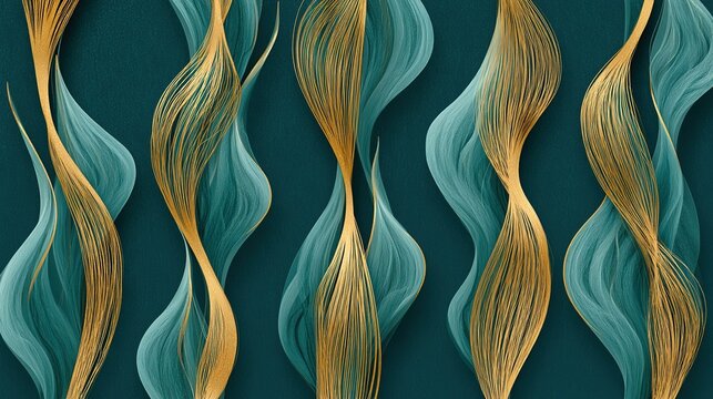 Abstract decorative graphic with vertical wavy golden lines on solid dark teal background, varied line thickness and parallel strands forming intertwined plant motifs, fluid continuous curves