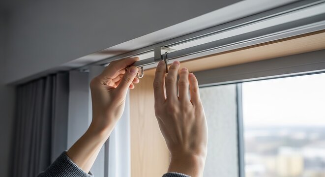 Woman hanging curtain on rod rail. Person installing window covering at home. Improvement and renovation of interior design. Process of attaching drapes to metal track system in residential apartment