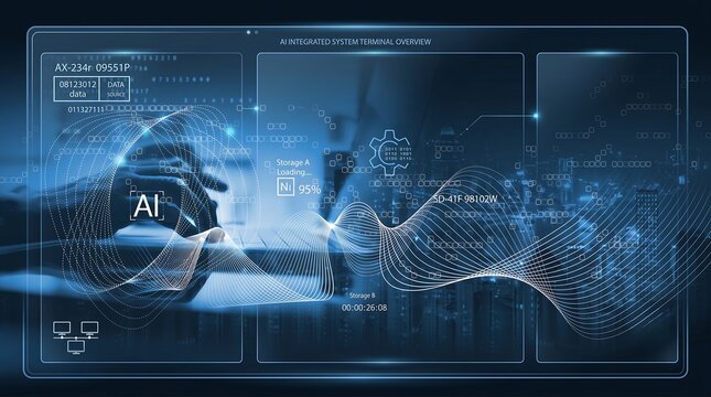 AI tech, artificial intelligence and big data analytics, innovative technology background. Software engineer using computer for data engineering, internet bot, 