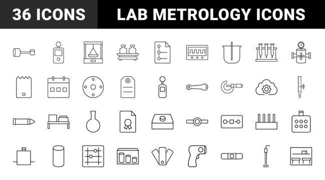Lab equipment calibration line icon set. Vector pictograms of metrology laboratory, instrument measurement, precision standard, and quality compliance elements, thin linear illustration.