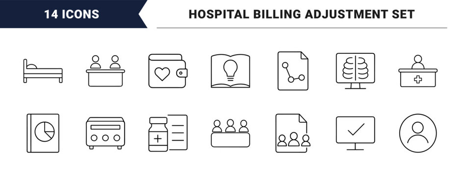 Healthcare financial assistance line icon set. Vector pictograms of medical charity care application, patient billing adjustments, clinical eligibility intake, and hospital compliance elements, thin