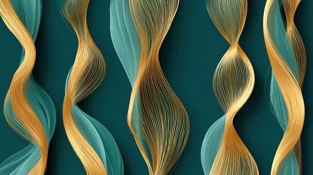 Abstract decorative graphic with vertical wavy golden lines on solid dark teal background, varied line thickness and parallel strands forming intertwined plant motifs, fluid continuous curves