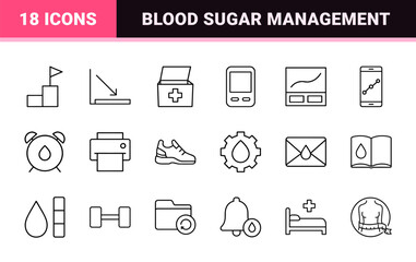 Obraz premium Blood sugar tracking line icon set. Vector pictograms of glucose, monitoring, diabetic, and healthcare elements, thin linear illustration.
