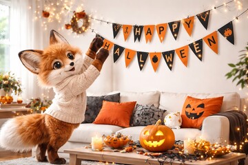 Obraz premium Cute mascot fox wearing a sweater decorating a living room for Halloween. Cartoon animal preparing festive garland and pumpkin lantern for celebration. Interior holiday home concept
