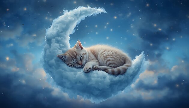 Dreamy cat peacefully sleeping on floating cloud in starry night sky