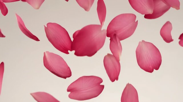 Pink flower petals falling gently on a soft beige background, creating a delicate and romantic atmosphere, perfect for spring themes