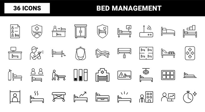 Hospital bed management line icon set. Vector pictograms of clinical ward, patient occupancy, capacity tracking, and healthcare logistics elements, thin linear illustration.