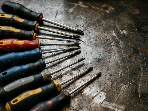 Assorted screwdrivers with colorful handles on an industrial metal surface