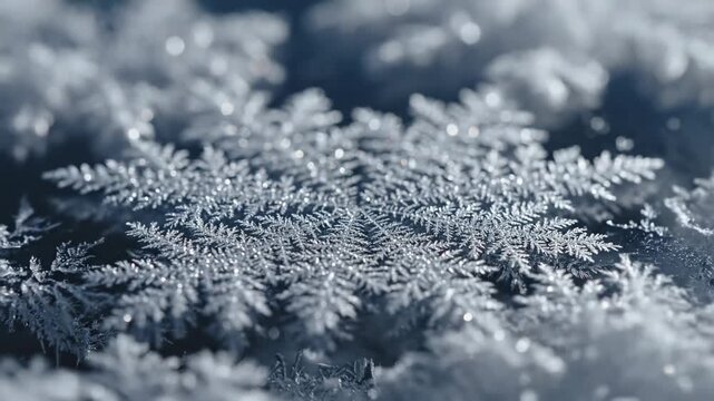 Intricate snowflake macro closeup, glittering ice crystals forming delicate hexagonal patterns, winter frost texture, cold atmosphere, perfect for holiday and seasonal designs