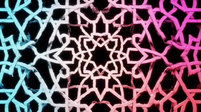 Intricate geometric pattern with glowing neon blue and pink gradient light on black background, symmetrical arabesque design, abstract decorative ornament