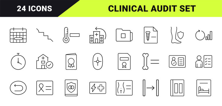Medical quality assurance line icon set. Vector pictograms of healthcare compliance, surgical audit, clinical safety, and hospital performance elements, thin linear illustration.