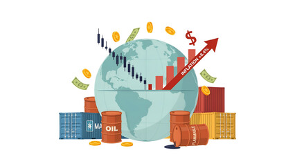 Naklejka premium Global economic growth and international trade illustrated with a world globe, rising stock charts, cargo containers, oil barrels, money, and coins.