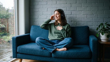 Fototapeta premium Happy young woman sitting cross-legged on sofa listening to music with headphones at home.