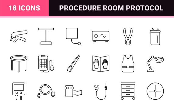 Procedure room checklist line icon set. Vector pictograms of clinical, surgical, safety, and equipment elements, thin linear illustration.