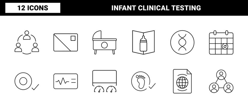 Newborn screening program line icon set. Vector pictograms of infant diagnostics, laboratory testing, clinical workflow, and genetic screening elements, thin linear illustration.