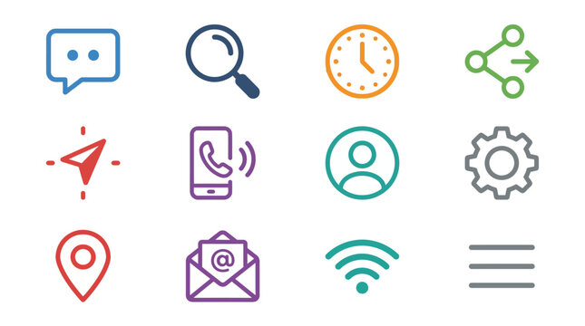 Technology icons for communication and settings.