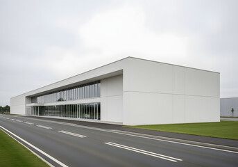 Fototapeta premium A sleek, modern building stands alone on a road surrounded by green grass under a cloudy sky with an overcast view.