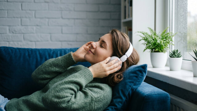 Beautiful young woman listening to music with headphones while relaxing on sofa at home.