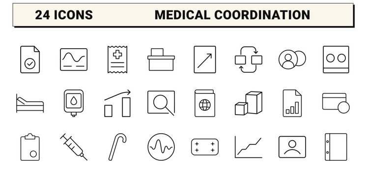 Healthcare medical line icon set. Vector pictograms of patient care, clinical workflow, health monitoring, and case management elements, thin linear illustration.