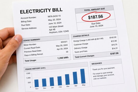Hand holding electricity bill with highlighted total amount due. Receipt for residential power consumption and energy invoice showing monthly charges and usage