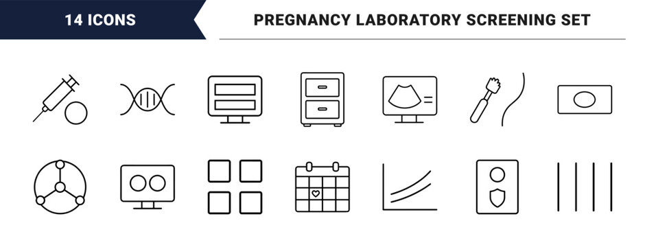 Prenatal screening test line icon set. Vector pictograms of pregnancy, genetics, laboratory, and diagnostics elements, thin linear illustration.