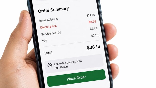 Man holding smartphone with food delivery order summary and total cost on screen. Online grocery or restaurant application interface