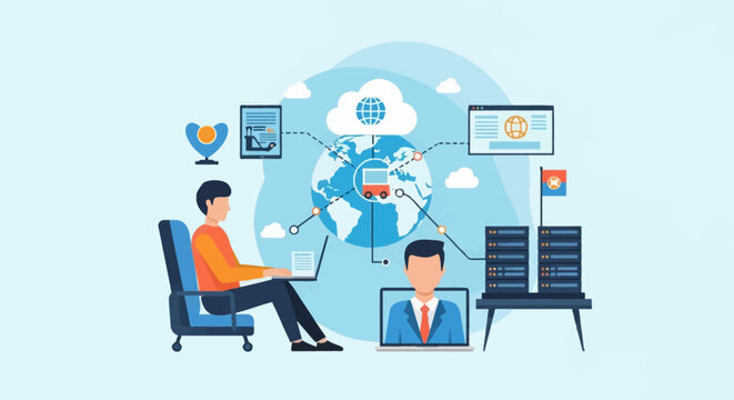 Flat vector illustration of a male programmer working on a laptop, connected to global cloud network, server infrastructure, web interfaces, and virtual team communication.