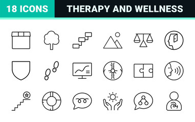 Fototapeta premium Mental health line icon set. Vector pictograms of therapy, wellness, counseling, and support elements, thin linear illustration.
