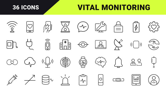 Remote health monitoring line icon set. Vector pictograms of telemedicine, biometric tracking, patient vitals, and wearable healthcare elements, thin linear illustration.