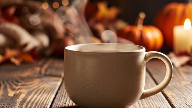 Steaming mug of hot beverage on rustic wooden table surrounded by autumn fall leaves, pumpkins, and a lit candle, cozy seasonal atmosphere