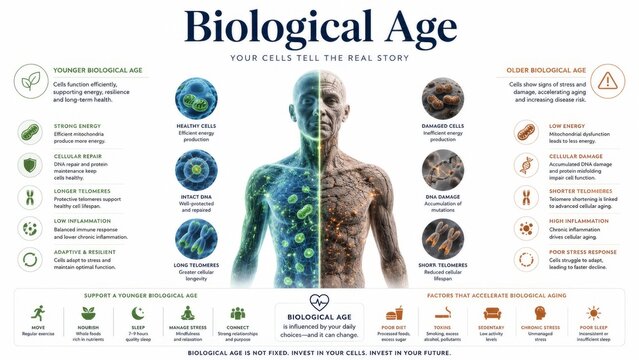 Biological age comparison infographic showing healthy cells on left and damaged aging body on right. Medical chart concept of cellular rejuvenation, human wellness and longevity factors for health