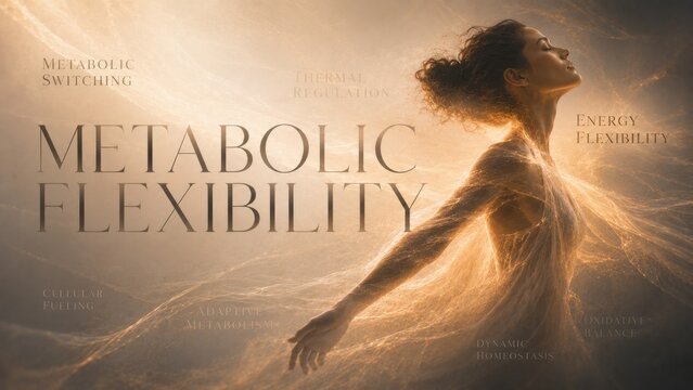 Woman with glowing energy body representing metabolic flexibility. Human anatomy and bioenergetics concept. Scientific illustration of cellular health, homeostasis and inner vitality in a warm light