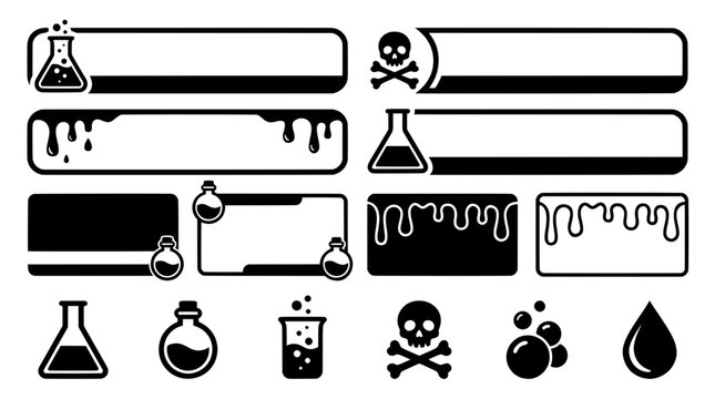 Set of black and white blank banners featuring chemistry flasks, poison skulls, dripping slime liquid borders, and laboratory text boxes for game UI