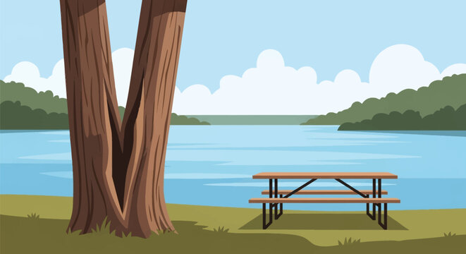 Flat vector illustration of a wooden picnic table on a grassy lakeshore featuring a large split tree trunk in the foreground, calm blue water, forested hills, and a cloudy sky.