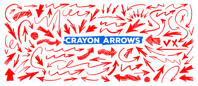 Red bold and thick arrows collection. Crayon or pencil drawn png arrows with scribbles, squiggly lines, bold crayon directional strokes. Hand drawn vector doodle arrows for notes and school design.