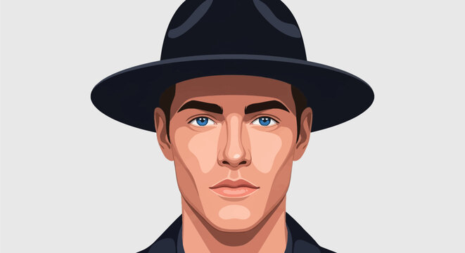 Vector illustration of a man with blue eyes and dark hair wearing a black fedora hat, clean portrait with flat design shading and facial highlights on a light grey background.
