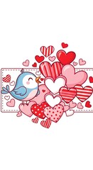 Obraz premium Charming illustration: A delightful blue bird nestled among a joyful cluster of patterned red and pink hearts.