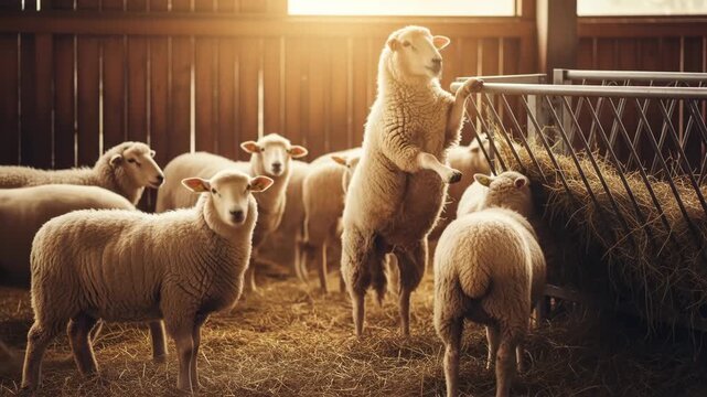 Fluffy Sheep Gathered in a Sunlit Barn.
