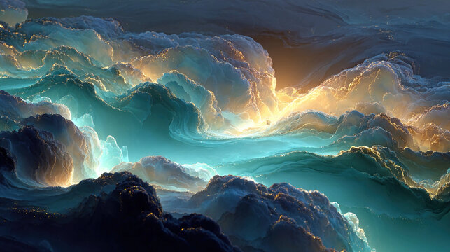Turbulent abstract waves colliding with glowing smooth streams, stress confrontation, journey from chaos to calm