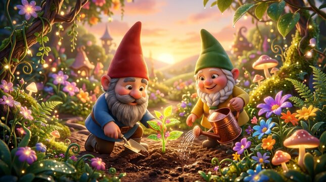 Two garden gnomes working together in a colorful fairy forest. Man gnome planting a seedling while woman gnome waters it with a can. Magical nature scene and whimsical spring concept illustration