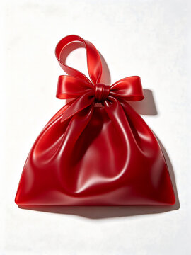 Shiny red satin favor bag collection with integrated satin ribbon handles and oversized front bow ornaments, mirror-like glossy finish, displayed against a clean solid white studio background, gentle 