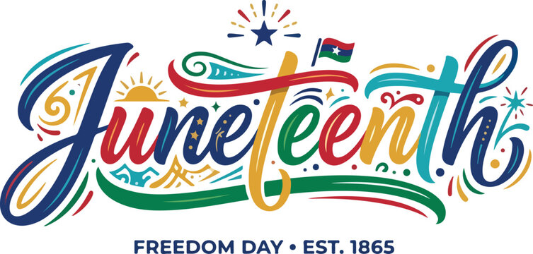 Colorful juneteenth freedom day typography with stars and flag