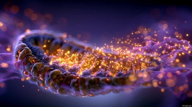 Microscopic render of glowing purple and gold mitochondria cell releasing energy particles in biological science