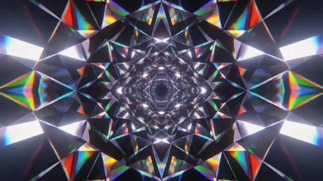 3D diamond kaleidoscope loop with rainbow reflections.
Shining gemstone kaleidoscope loop with symmetrical metallic facets reflecting colorful light.