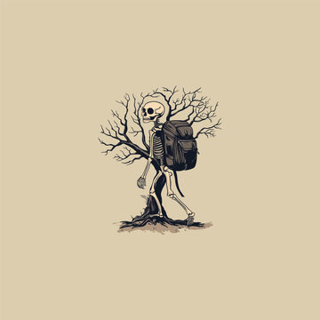 human skeleton torso wearing travel backpack
