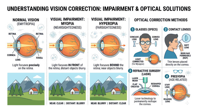 Vision correction infographic explaining myopia hyperopia and surgery
