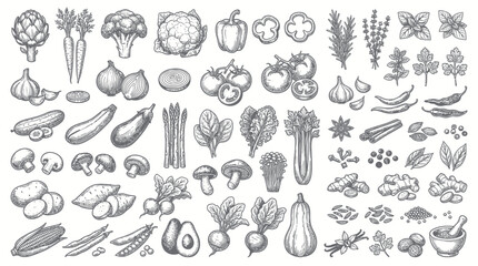 Fototapeta premium Hand drawn sketch of fresh vegetables herbs and cooking spices