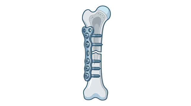 Surgical orthopedic plate and screws on a fractured human bone