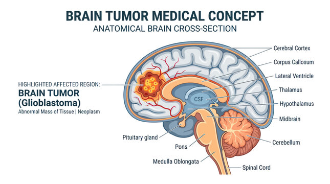 Brain tumor medical concept with anatomical cross section labels